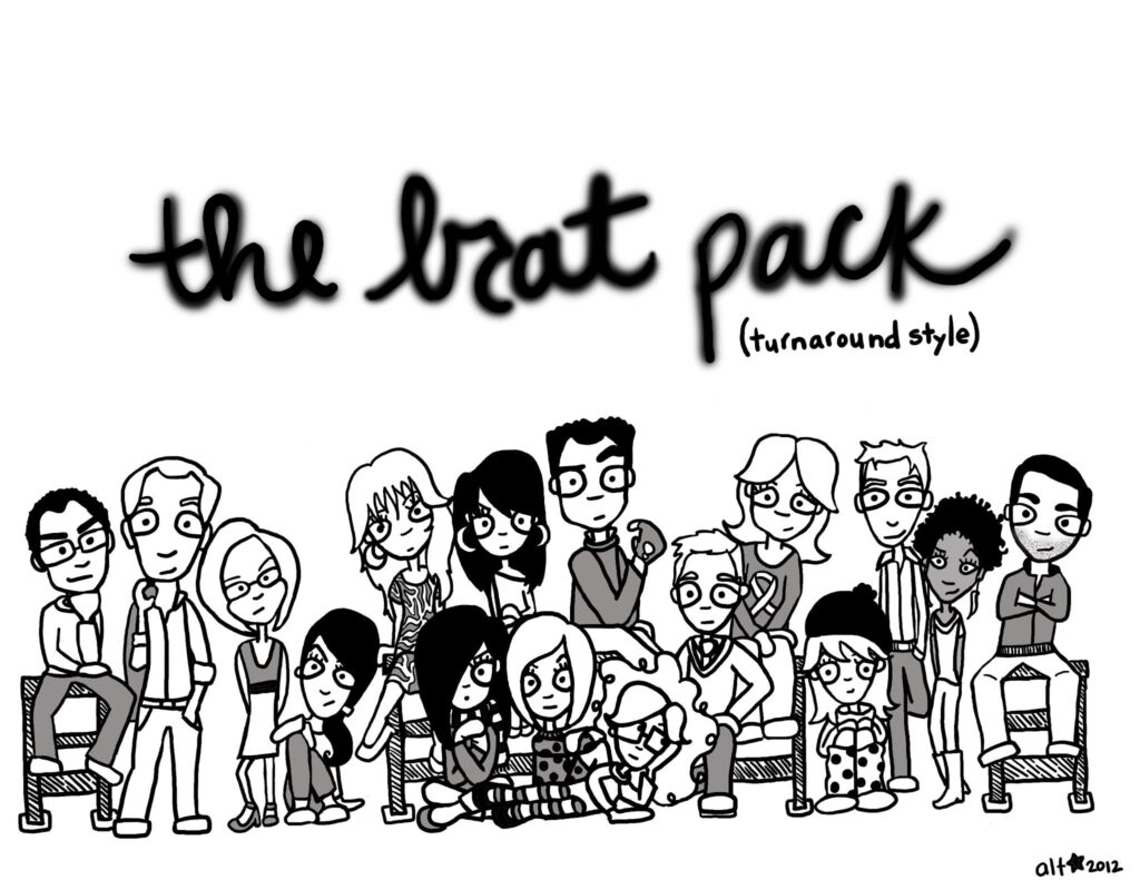 A black-and-white cartoon-style illustration titled "The Brat Pack (turnaround style)" featuring a group of diverse characters in various poses with expressive details. 